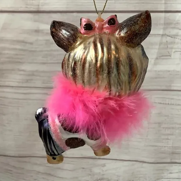 Yorkshire Terrier Dog Glass Christmas Tree Ornament Ballerina Feather Boa Yorkie - Picture 2 of 16